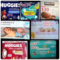 New boxes of diapers  1 box up & up newborn $20 1 Huggies newborn $20 1 big box Kirkland size 1 $30 1 box size 2 pampers $25 1 box size 2 Honest $25 1