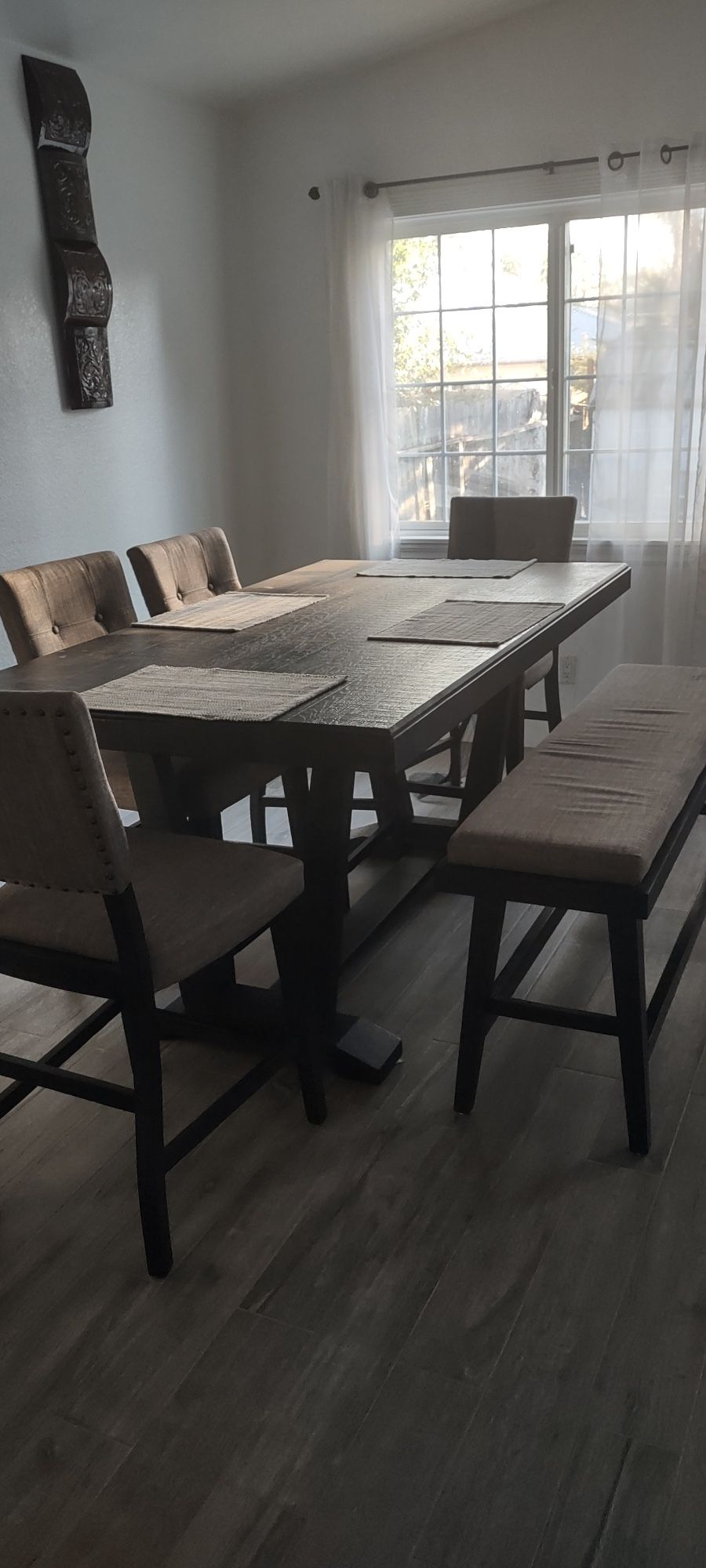 Really Good Condition kitchen dining table for chairs, long bench, one year old