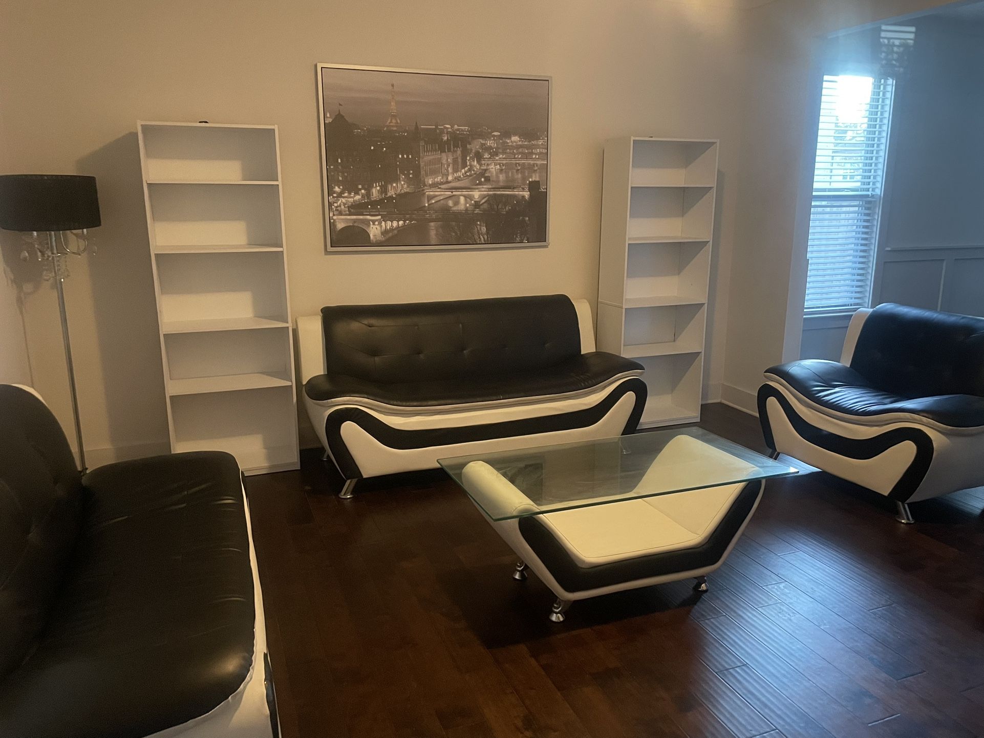 Black And White Sofa loveseat, and chair And Glass Table