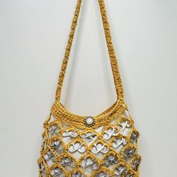 Handmade Crochet Gold Brown Handbag Purse Art with Recycled Soda Pop Tabs
