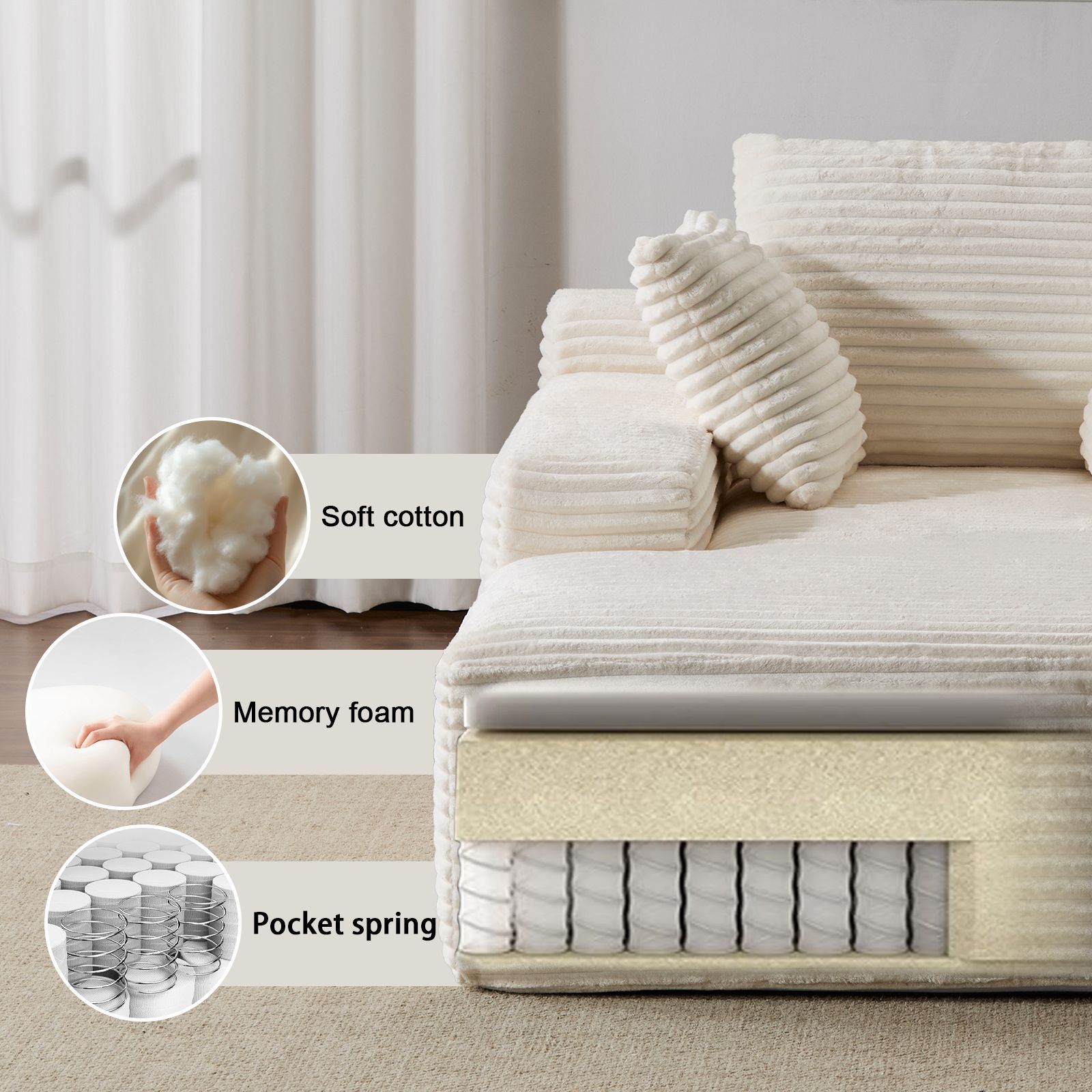 Oversized Chaise Lounge Chair Cozy Cloud Couch, Modern Plush Corduroy Upholstered Sleeper Sofa Daybed with 3 Throw Pillows and Wide Armrest for Living