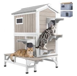 2-Story Outdoor Cat Shelter for 2-3 Cats with Feeding Station, Dual Escape Doors, Balcony, PVC Curtains, and Openable Roof