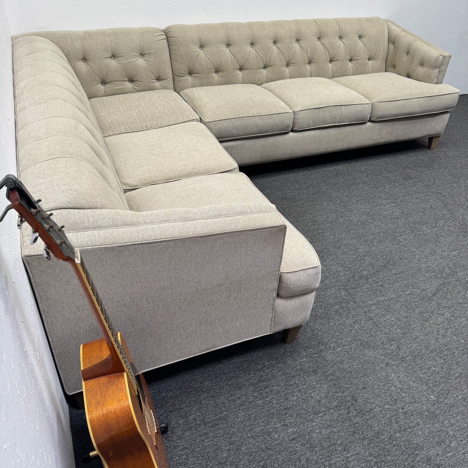 Chesterfield Style Tufted Oatmeal Sectional Couch - Can Deliver