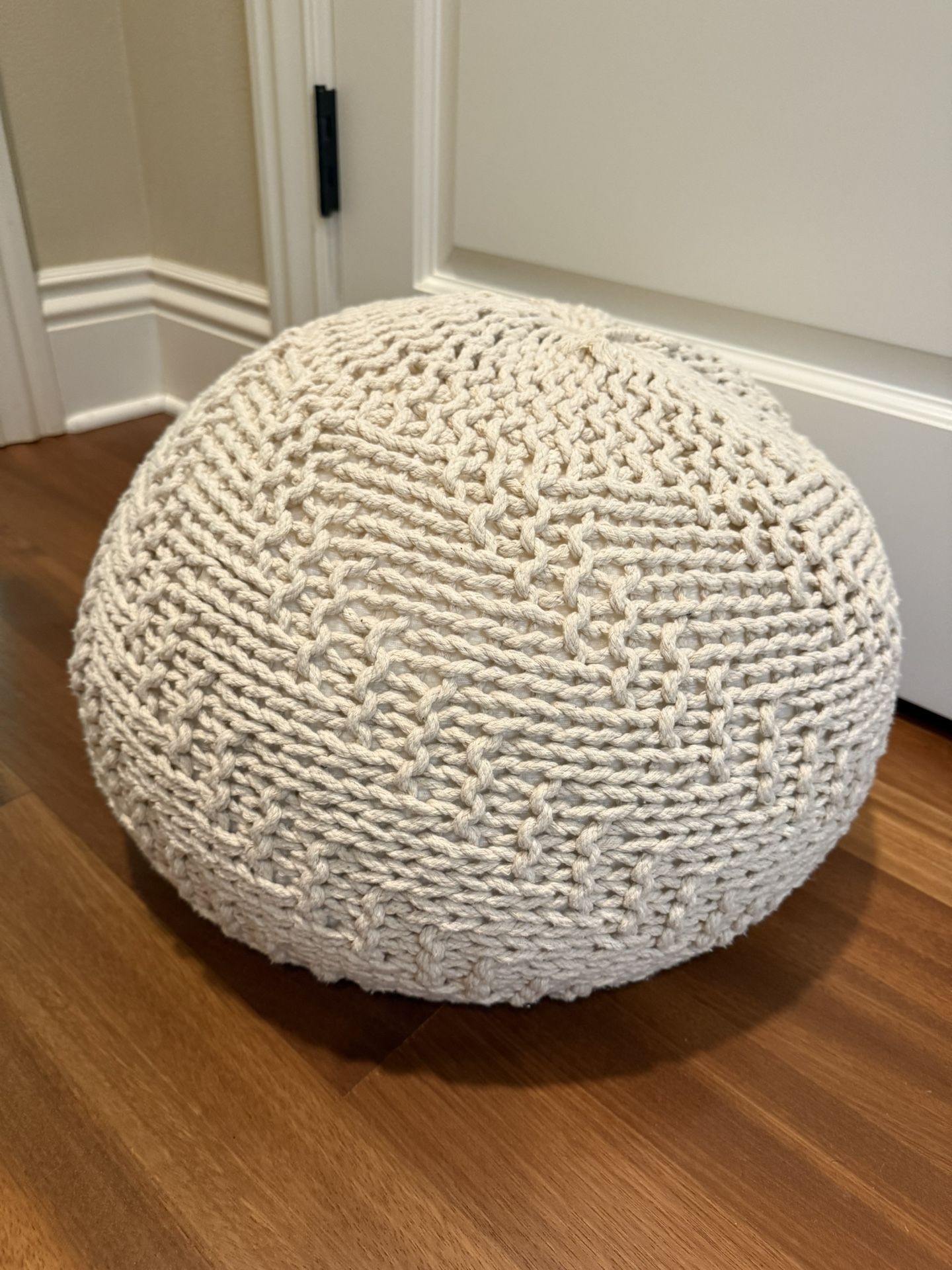 Small Crochet Knit Poof Foot Rest Ottoman Beige / Neutral
