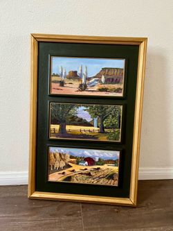Framed Triptych Three Distinct Landscape Painting With Single Frame 19/29 Inch