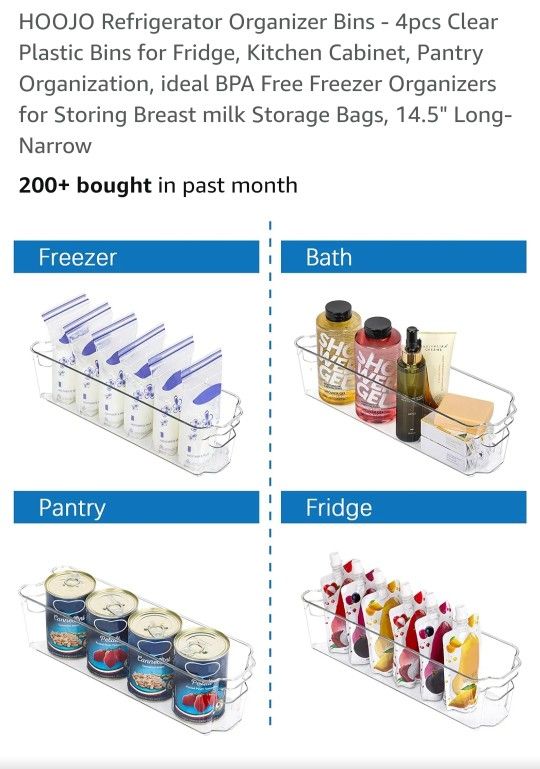 HOOJO Refrigerator Organizer Bins - 4pcs Clear Plastic Bins for Fridge, Kitchen Cabinet, Pantry Organization, ideal BPA Free Freezer Organizers for St