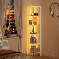 6 Tier Corner Shelf 67.5" Tall White Metal Frame Wood
with LED Light