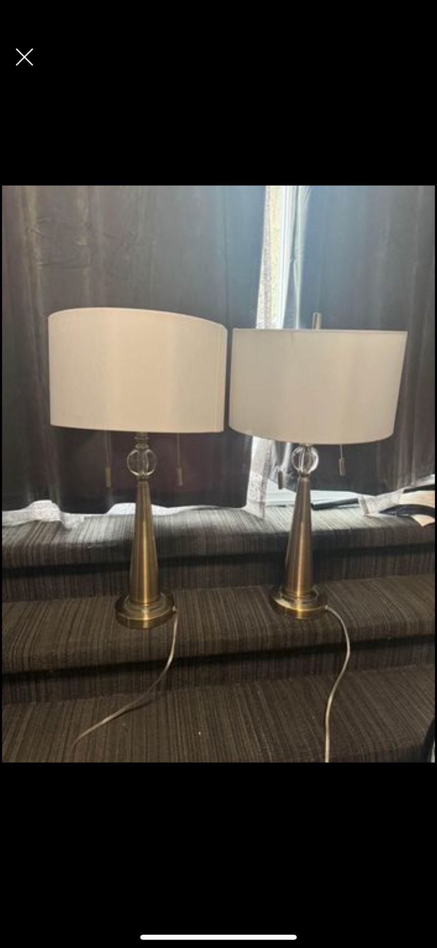 Pair of brushed brass table lamps with acrylic accents & shades