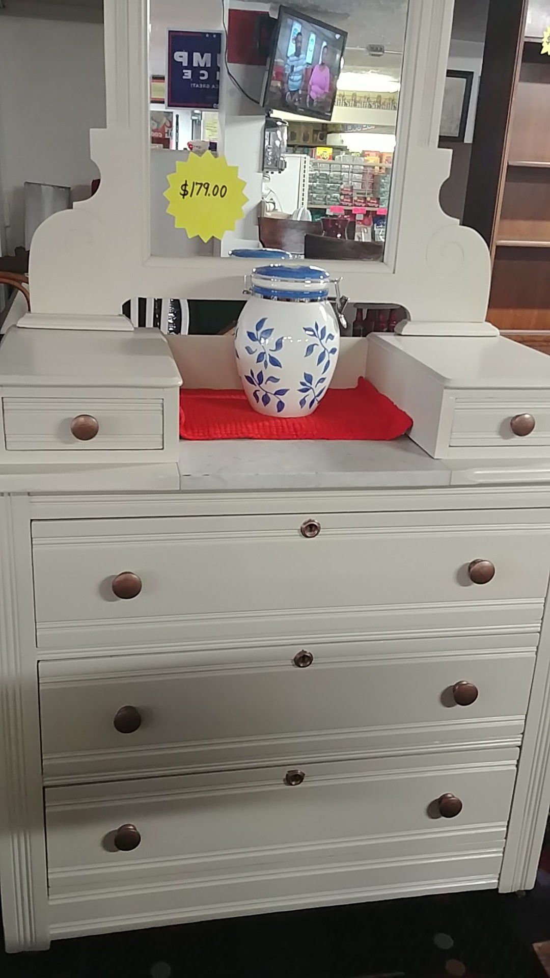 Nice old white dresser has 3 large drawers And A mirror