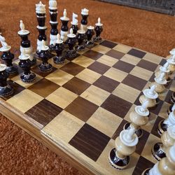 Vintage Hand-Turned Wooden Chess Set w/ Folding Storage Board – Mid Century Style