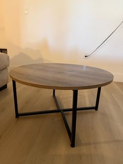 Industrial Modern Round Coffee Table – Dark Wood & Black Metal