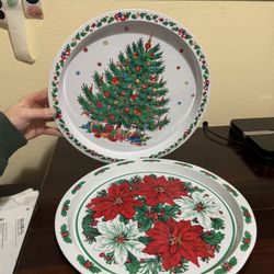 Vintage Holiday Tree And Poinsettia Round Serving Trays 13 Inch Set Of 2 