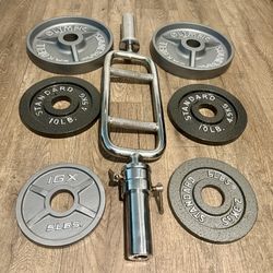 Triceps Bar With Vintage Cast Iron Weight Plates  25s  Plus  10s And  5s [ Total Weights: 100 lbs]