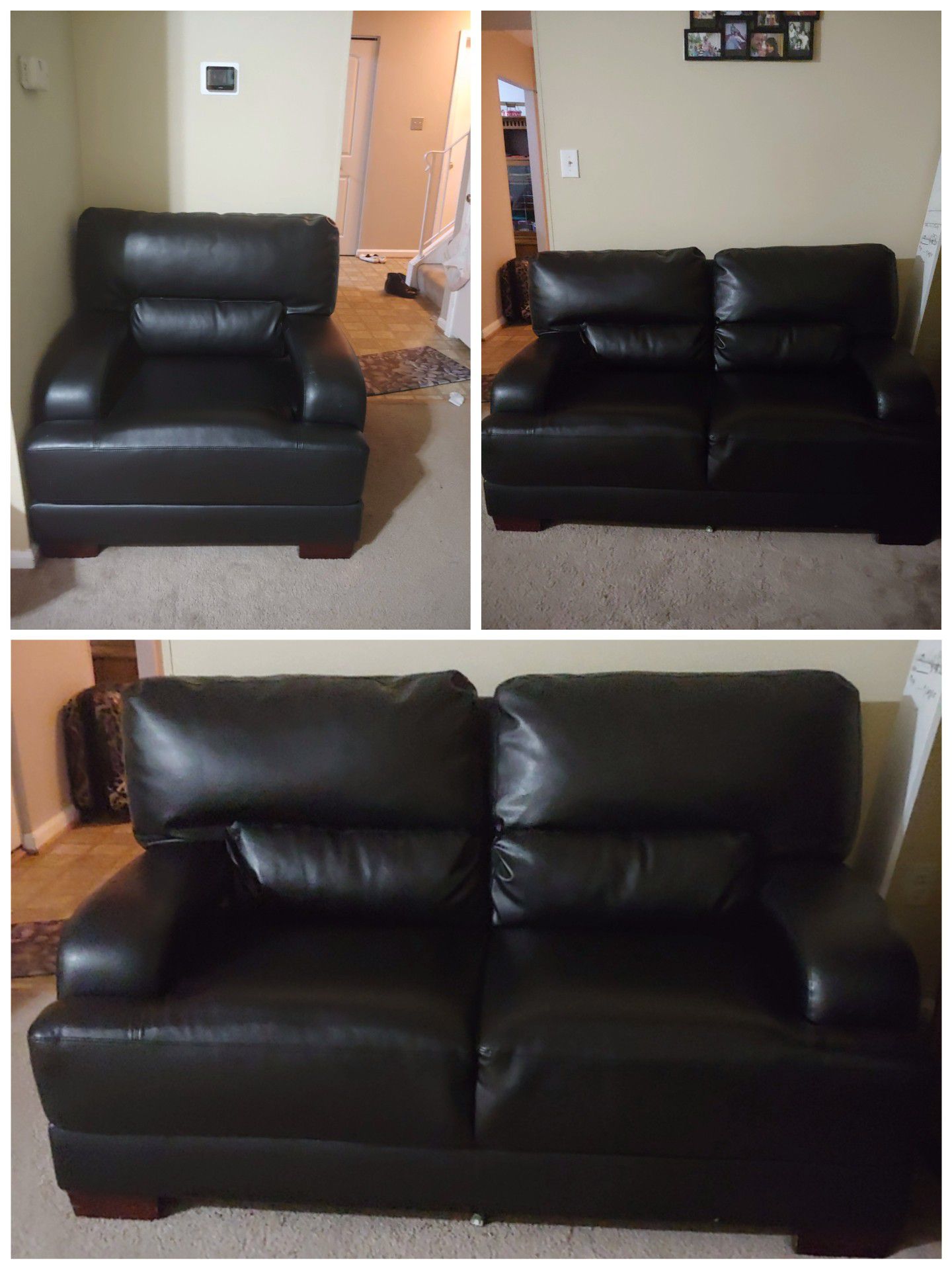 Black leather loveseat and armchair