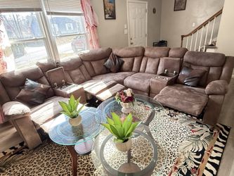 sectional manual microfiber couch with coffee and side tables for sell