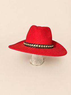 Red Wide Brim Fedora Hat with Studded Band