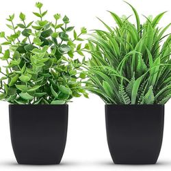 2 Packs Fake Plants Small Artificial Potted Plants Faux Plants in Black Pots for Home Office Desk Bathroom Decor Indoor