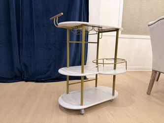 White Marble Bar Cart – 3-Tier Rolling Wine Trolley with Gold Frame