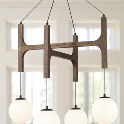 Vintage Milk Glass Pendant Light, Mid Century Wood Chandelier with Rustic Farmhouse Design