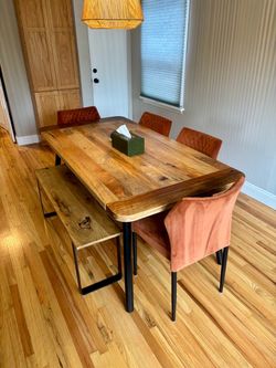 Solid Wood Dining Table + Chairs + Oak Bench – Seats 6