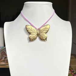 Velvet String Necklace With Brass Butterfly 