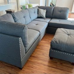 Brand New Reversible Grey Sectional Sofa Couch +Ottoman (New In Box) 