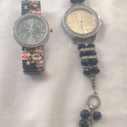 Pair of QUARTZ Watches Bracelets Floral & Rhinestones Vintage 1990s