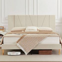 Bed Frame Queen Size with Headboard Velvet Upholstered Platform Bed with Sprung Slat