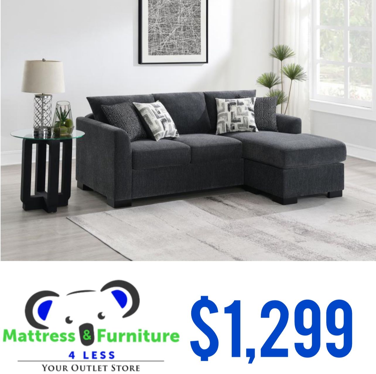 Storey Upholstered Sleeper Sectional Chaise Sofa Dark Grey