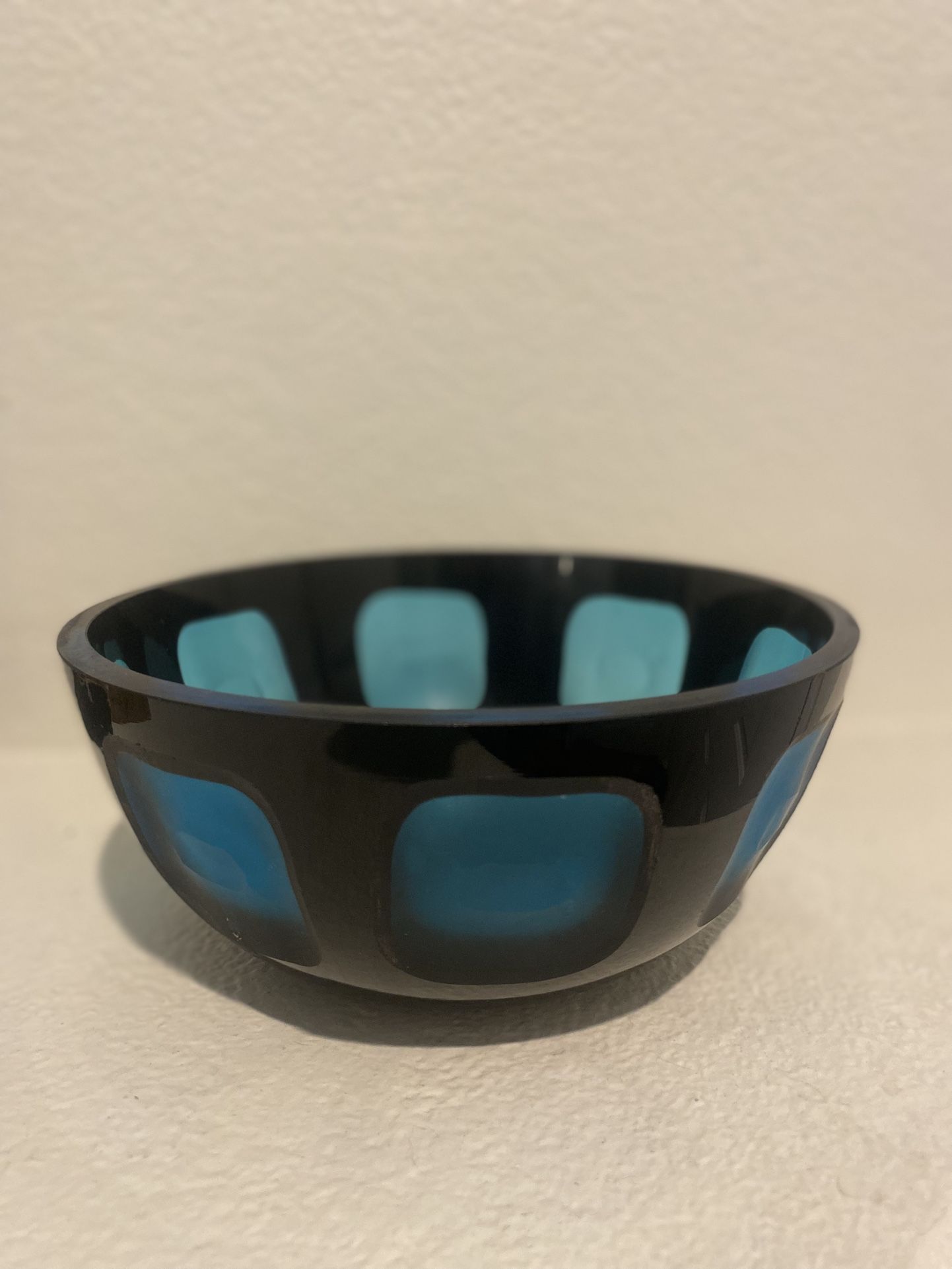 Murano-Style Art Glass Bowl - Black with Aqua Geometric Inlays, Modernist Design