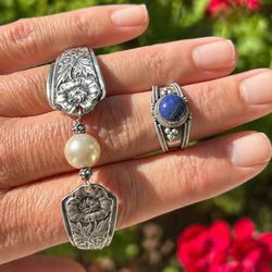 Vintage Sterling Silver Lapis Ring Spoon Bracelet Pearl Handcrafted Artisan Jewelry Silver Plated Boho Floral Unique 925 Ring Size 8 Ring Adjustable  