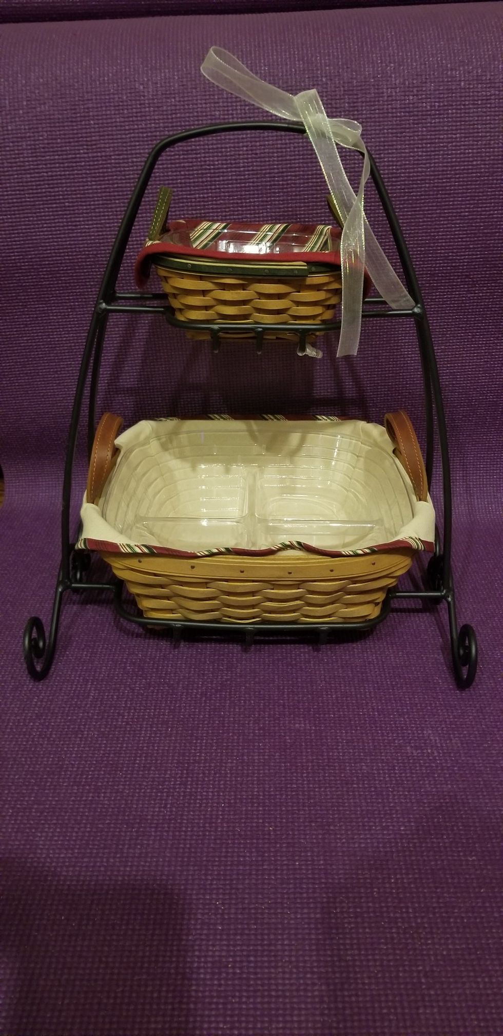 Longaberger Tinsel Tree Trimming Baskets With Wrought Iron Stand