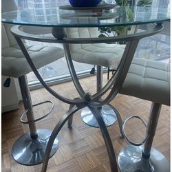 Tall Glass Table With 4 Adjustable White Leather Chairs