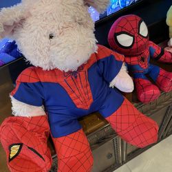 Plush toys, Spider-Man and Super Mario (with Spider-Man chef's apron)