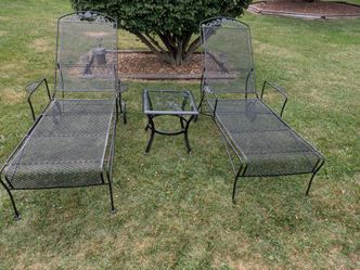 2 Matching Vintage Wrought Iron Chaise Loungers with small side table