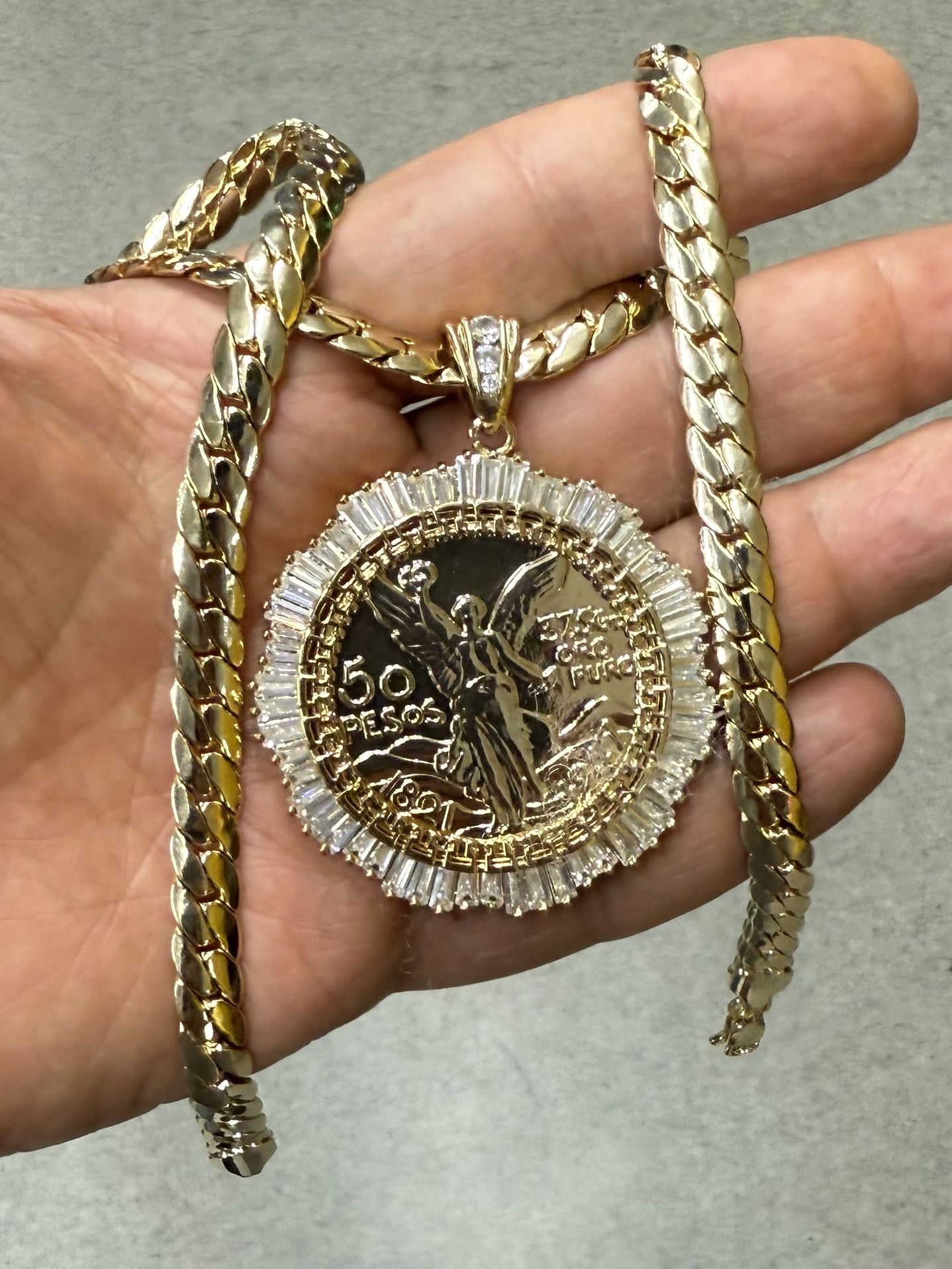 14k GOLD PLATED COIN CENTENARIO MEXICANO MONEDA 50 PESOS PENDANT CHAIN CZ  ORO CADENA ☎️