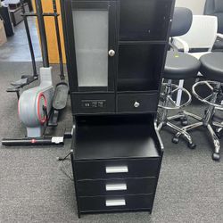 DJ503312_3 Tall Nightstand Charging Station 3 Drawers & Shelves LED Glass Door