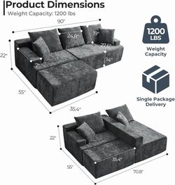 Boneless Couch, L Shaped Cloud Sectional Couches for Living Room, Comfy Fluffy Modular Sectional Sofa, Deep Seat Memory Foam Lounger with Left Facing