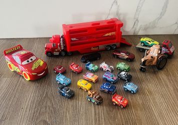 Disney Pixar Cars Mack Mini Racers Hauler and a collection of various mini racer vehicles
