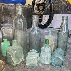 Vintage Antique Green Glass Bottles Lot 