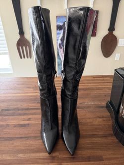 SIZE 10 ASOS Black Patent Knee-High Pointed Heeled Boots