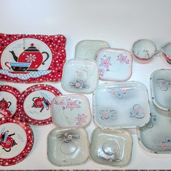 Vintage TIN PLATE Lithograph Red Tea Pot Tray, Plate Child's Toy 