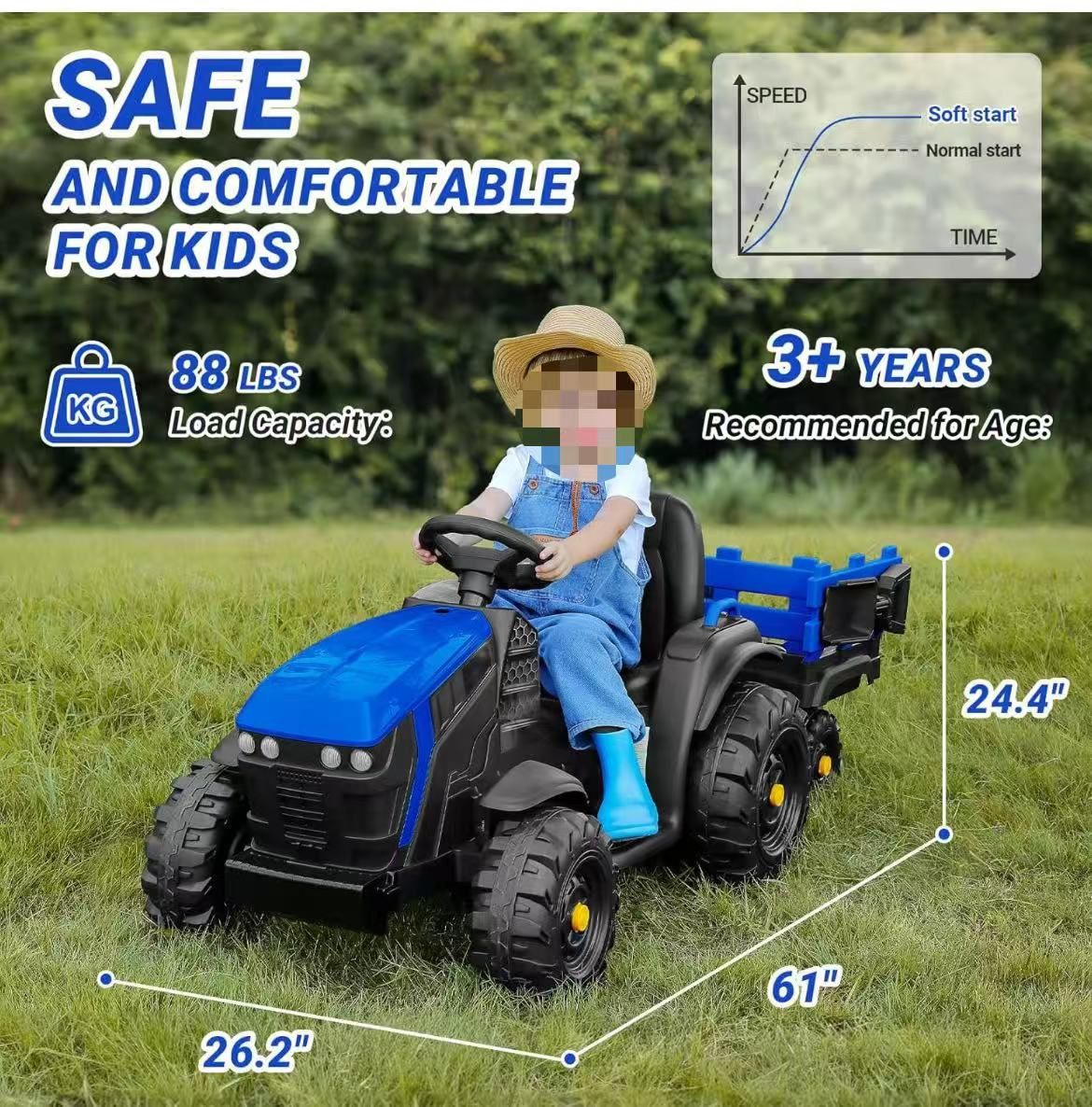 24V 9AH Ride-On Tractor with Easy-to-Detach Trailer, 24V Ride-On Toys 400W Electric Vehicles with Shovel, All-Terrain Capability, $160