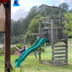 Swing set with slide, 2 Swings, Basket Swing, And Lookout Tower