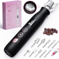 Merloly Nail Drill Kit,Black Cordless Electric Nail File with 10 Speed,10 Bits and LED Light,for Acrylic Nails,Gel Polish Removal and Thick Toenails,E