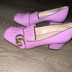 Gucci Lilac Leather Fringe Marmont GG Loafer Pumps Size 36