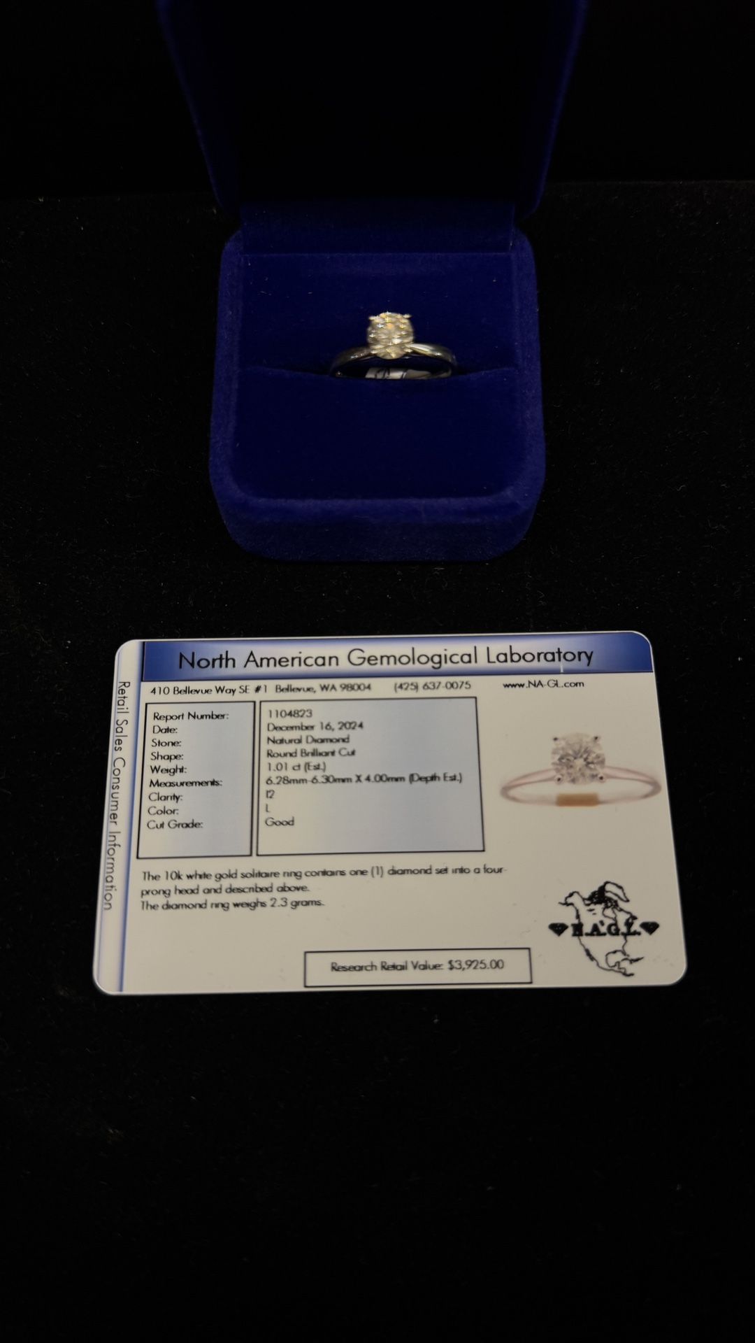 10K White Gold solitaire ring size 6-3/4 approx 1.01 ct diamond certified no trades pick up in Tacoma