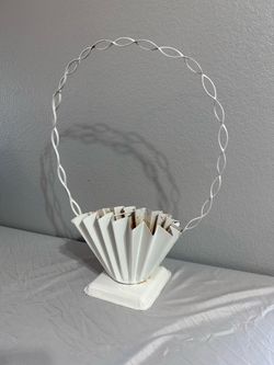 Vintage Mid-Century White Metal Memorial Basket Planter