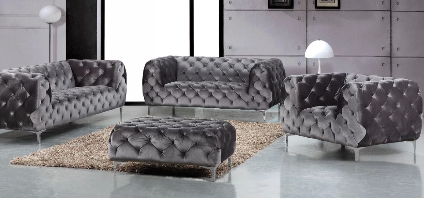 Velvet Tufted- Loving Room Set- Grey - New