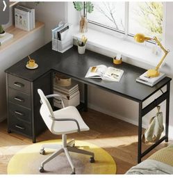 40” Reversible L-Shaped Computer Desk with 4 Drawers & Storage, Black/White
